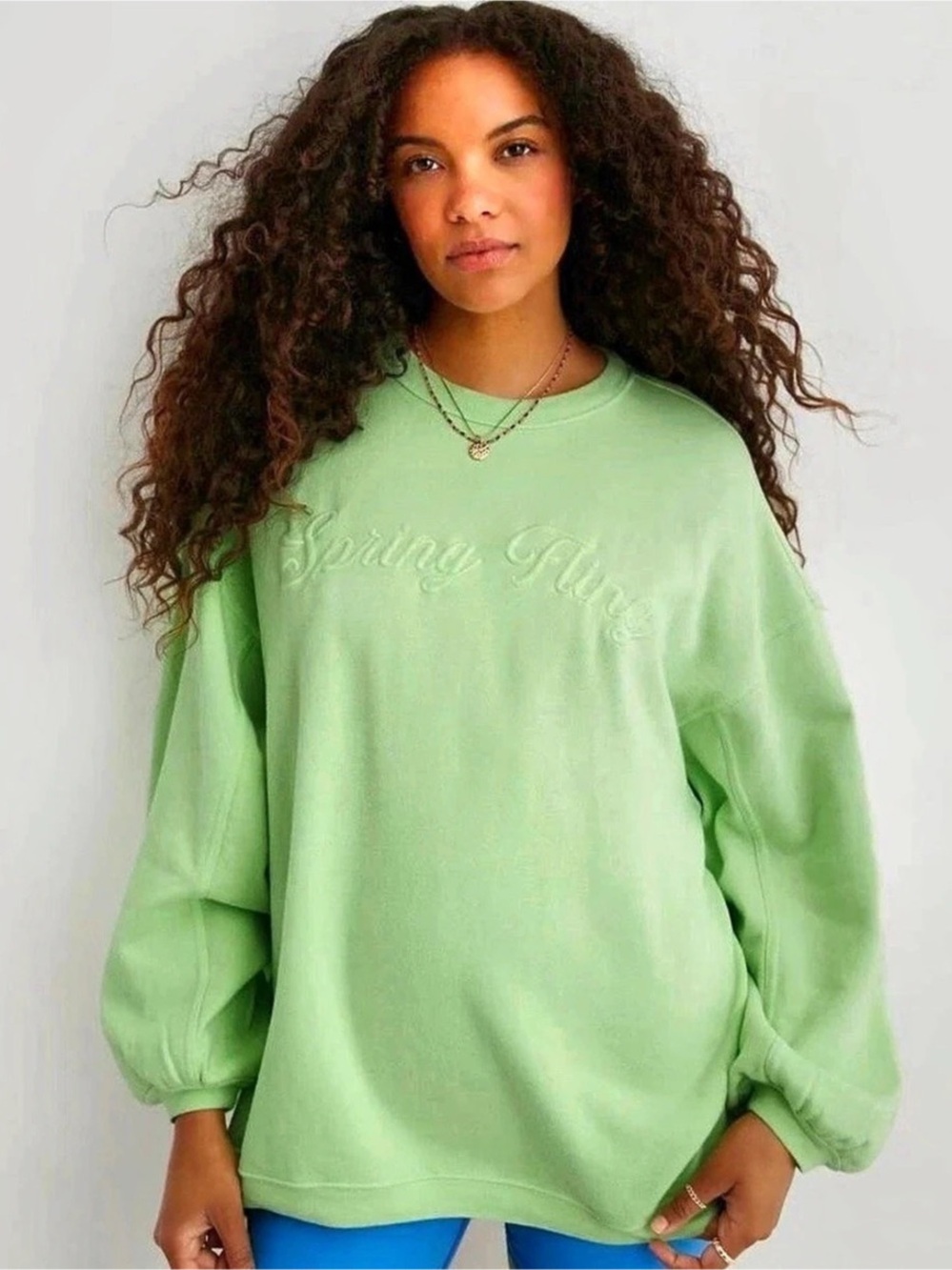 Aerie Spring Fling Embroidered Crewneck Sweatshirt Green XL comfy oversized